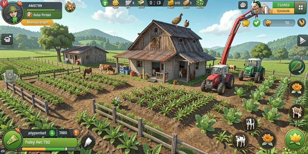 Screenshot utama menunjukkan gameplay menarik dalam bertani dan merawat hewan di AMS789.