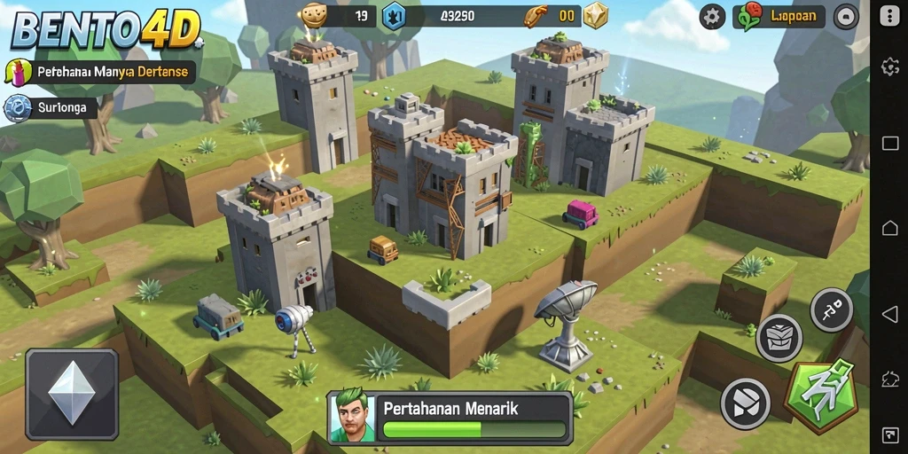 Tampilan menarik dari gameplay Tower Defense BENTO4D dengan berbagai menara dan musuh.