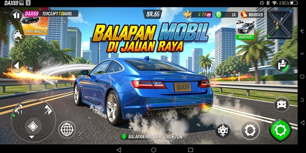 Tangkapan layar DAX69 menunjukkan aksi balap mobil yang mendebarkan.