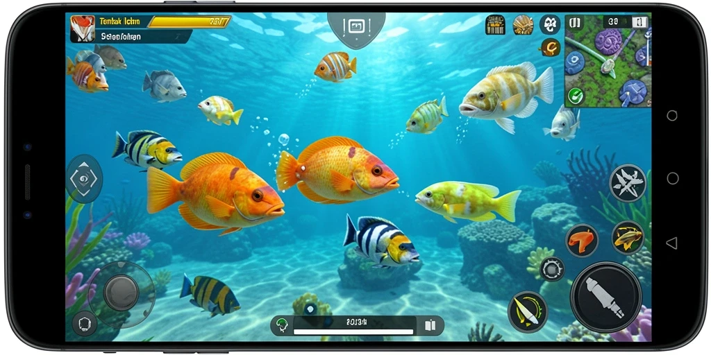 Gameplay seru dalam EOS77 saat menembak ikan di lautan.