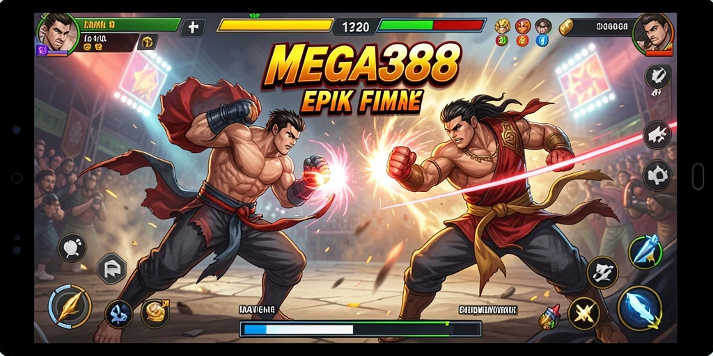 Screenshot MEGA388 menunjukkan aksi pertarungan seru antara dua karakter.