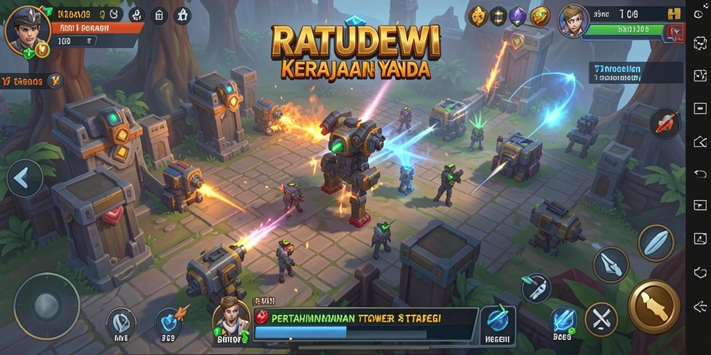 Tangkapan layar gameplay Tower Defense yang menampilkan menara dan strategi bertahan.