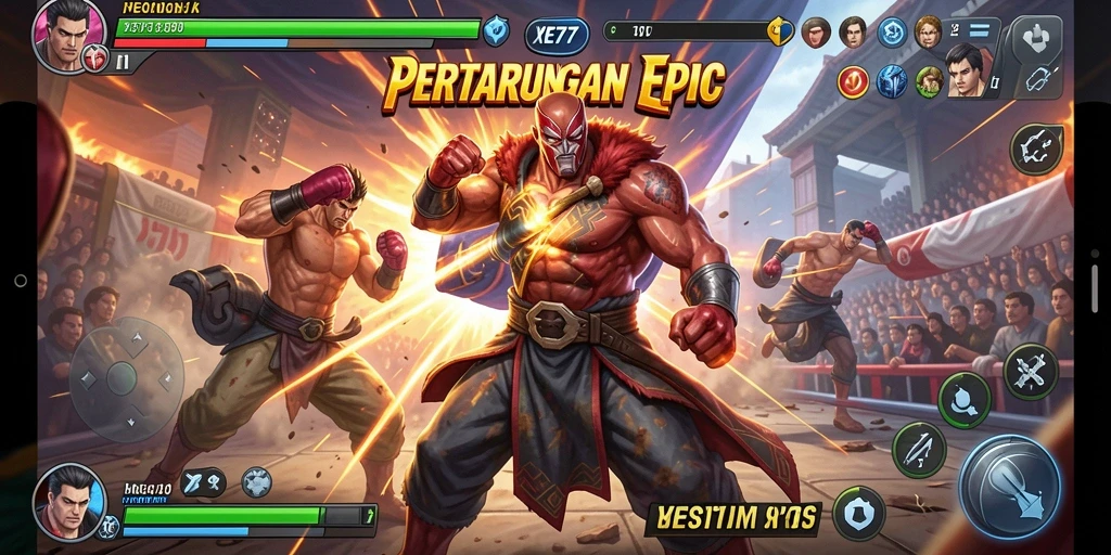 Screenshot XE77 menampilkan aksi pertarungan yang intens dan memukau.